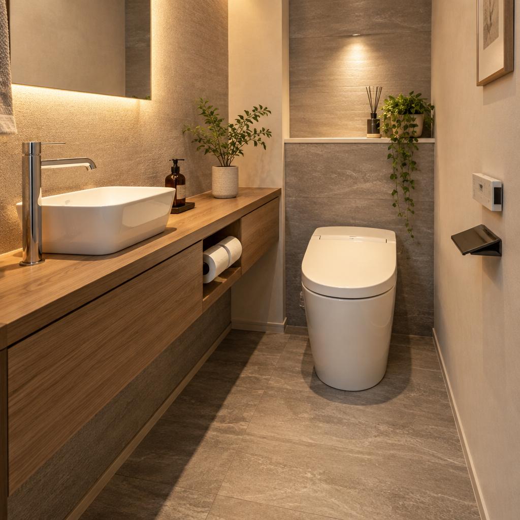 手洗いカウンターで、トイレはもっと美しく、掃除はもっとラクに。中古マンションのリノベーションで、毎日使う場所を理想の空間へ。